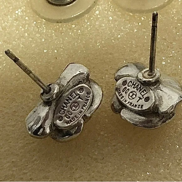 Authentic Chanel Silver Flower Earrings with Logo - Picture 2 of 7
